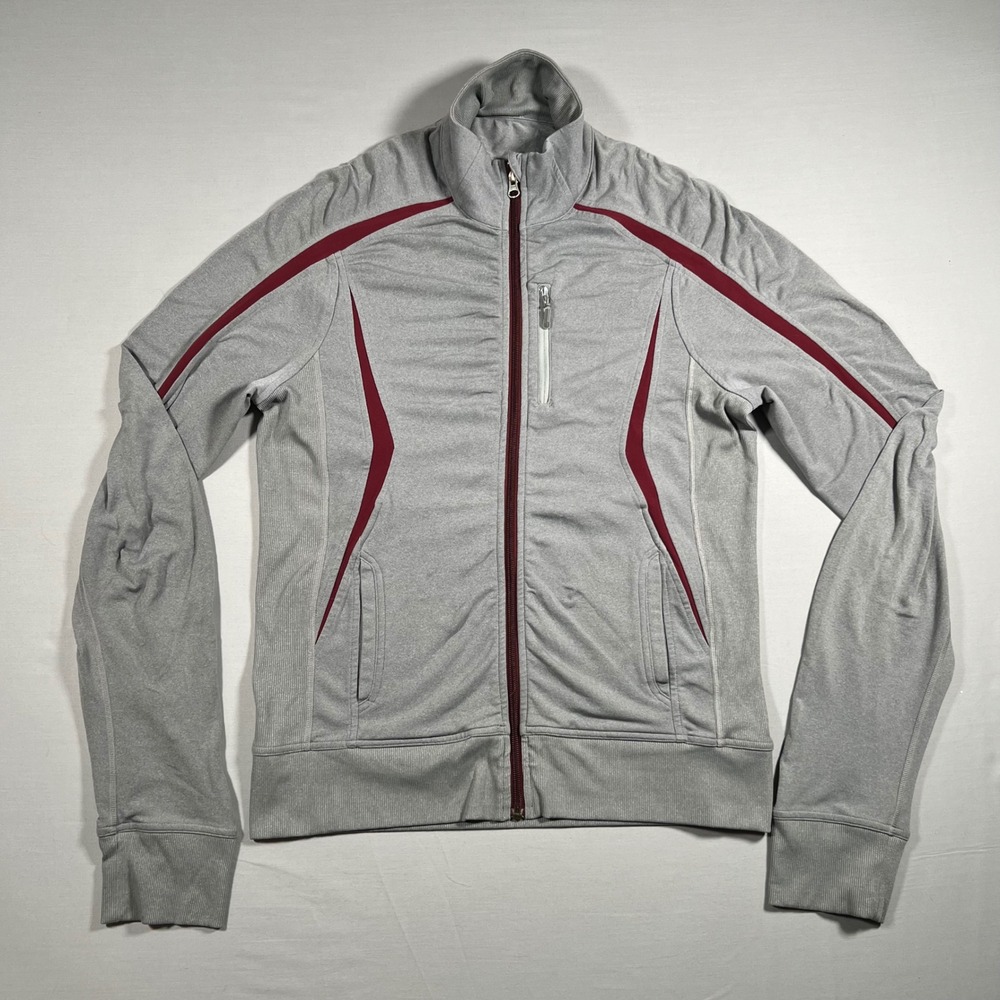 Lululemon Womens Gray Burgundy Stripe Zip Up Track Jacket M 8 Mock Neck Athletic